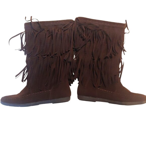 Rampage Brown Hippie Boho Y2K Retro Double Fringe Faux Suede Pull On Boots 8.5 - Picture 7 of 9